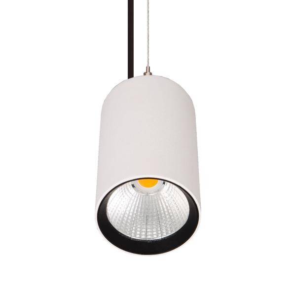 Nowoczesna, cylindryczna lampa wisząca z białym kloszem zwisa na przewodzie. Źródło światła jest widoczne od dołu.