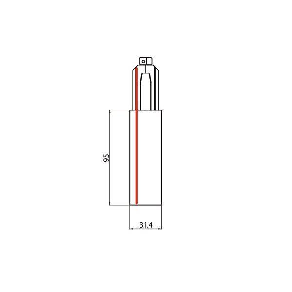 Rysunek techniczny cylindrycznego obiektu z wymiarami: wysokość 95 mm, szerokość 31,4 mm. Przedstawienie ukazuje widok z boku.