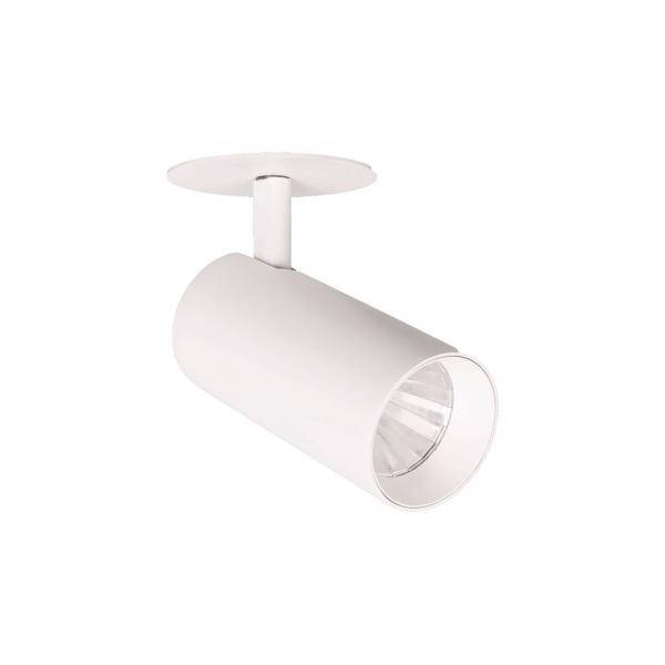 Biała, cylindryczna lampa sufitowa wykonana z metalu, przymocowana do okrągłej podstawy.