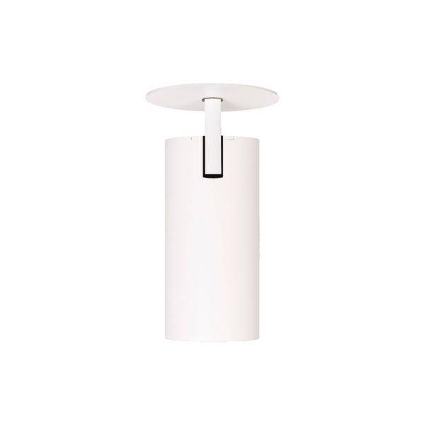 Biała lampa sufitowa w kształcie cylindra z okrągłą podstawą. Minimalistyczny design do nowoczesnych wnętrz.