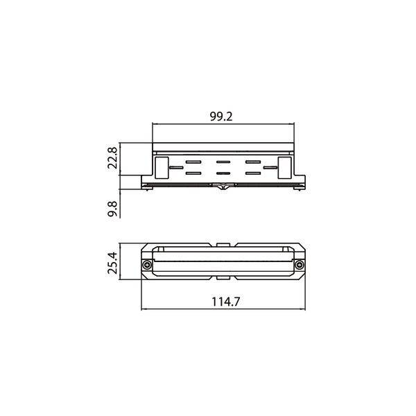 Rysunek techniczny prostokątnego elementu z wymiarami: długość 114,7 mm, wysokość 25,4 mm, szerokość 99,2 mm, głębokie wycięcia.