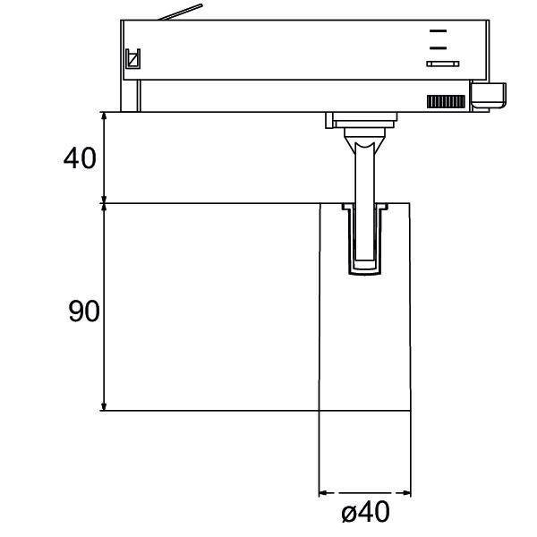Widok z boku diagramu technicznego: mechanizm dźwigniowy nad rurą z oznaczeniami '40', '90' i 'Ø40'.