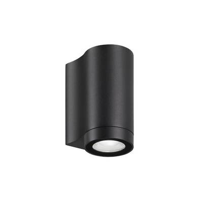 Czarna, cylindryczna lampa ścienna na zewnątrz o nowoczesnym designie, z kierowanym w dół strumieniem światła; idealna do nastrojowego oświetlenia zewnętrznego.