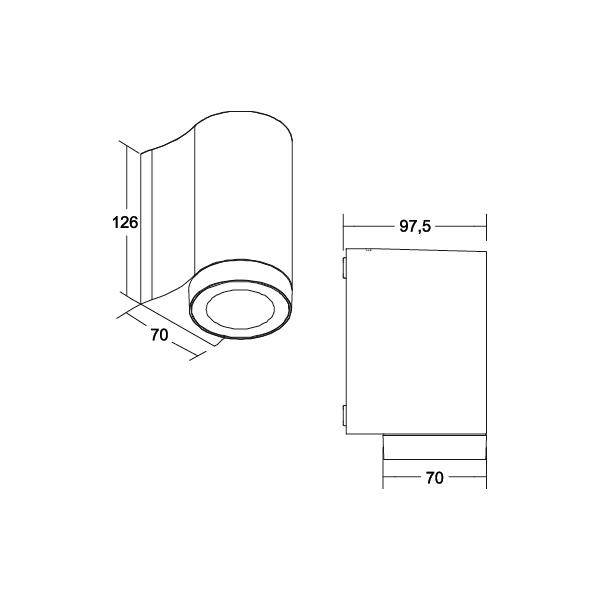 Dwa widoki cylindrycznej lampy z boku i jako przekrój poprzeczny. Wymiary: 126 mm wysokości, 97,5 mm głębokości, 70 mm szerokości.