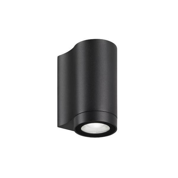 Czarna, cylindryczna lampa ścienna, skierowana światłem w dół. Nowoczesny, minimalistyczny design do zastosowań na zewnątrz.
