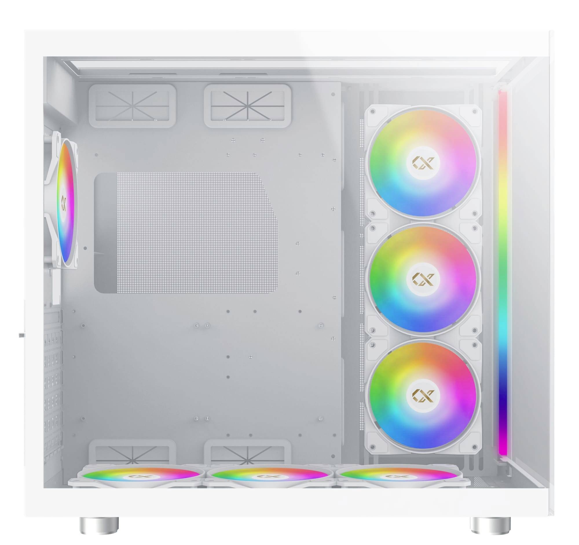 Białe obudowa komputera z czterema wentylatorami RGB. Trzy wentylatory są ustawione pionowo obok siebie po prawej stronie.
