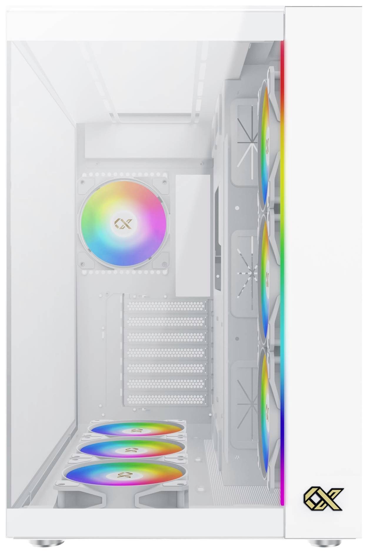 Białe obudowa komputera z czterema wentylatorami RGB, które świecą się w kolorach tęczy.