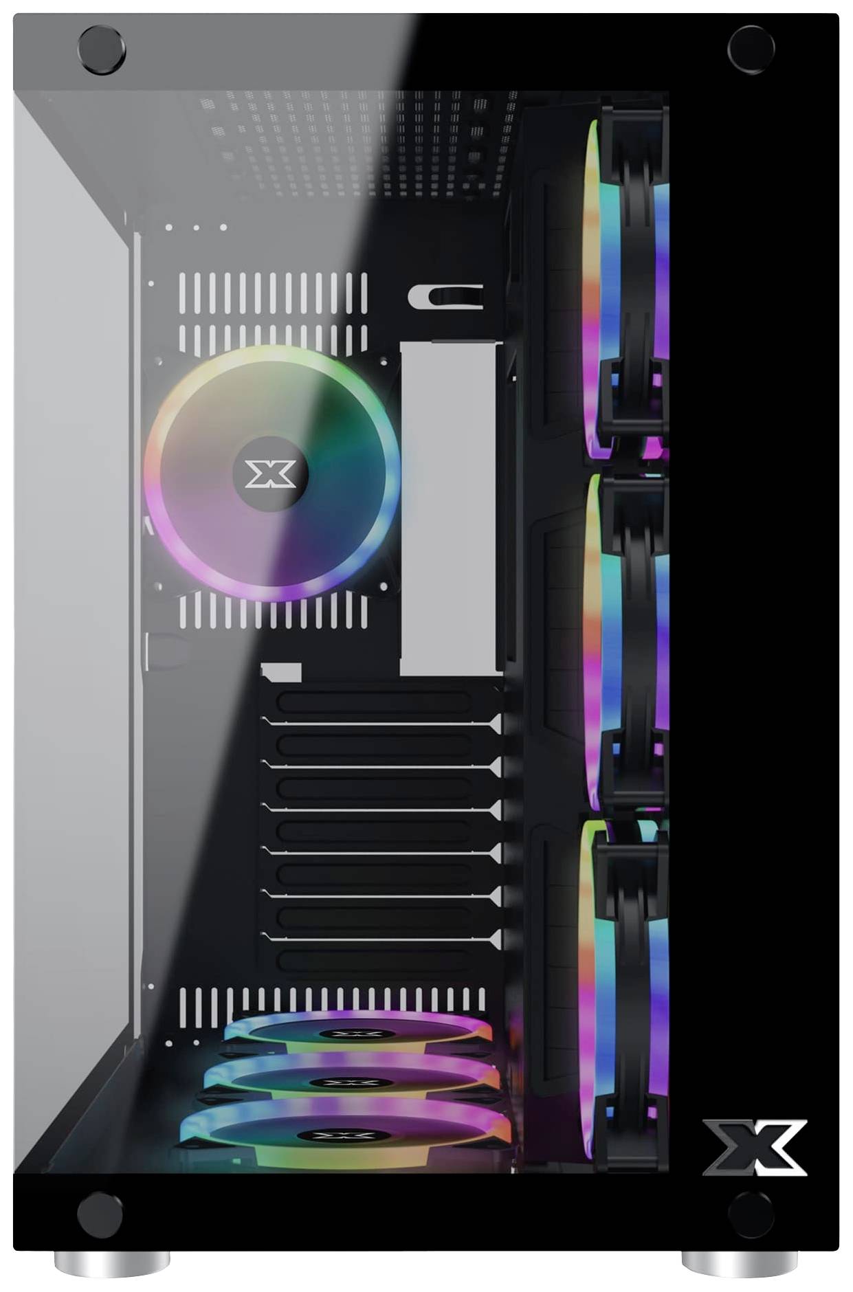 Obudowa komputera z wieloma kolorowymi wentylatorami RGB, widoczna przez przezroczystą ściankę boczną, z logo marki w kształcie 'X' na przedniej części.