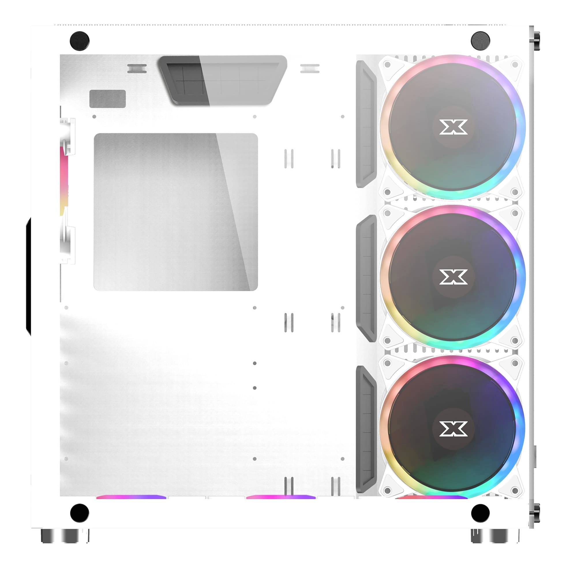 Białe obudowa komputera z trzema okrągłymi wentylatorami RGB po prawej stronie oraz oknem na lewej stronie.