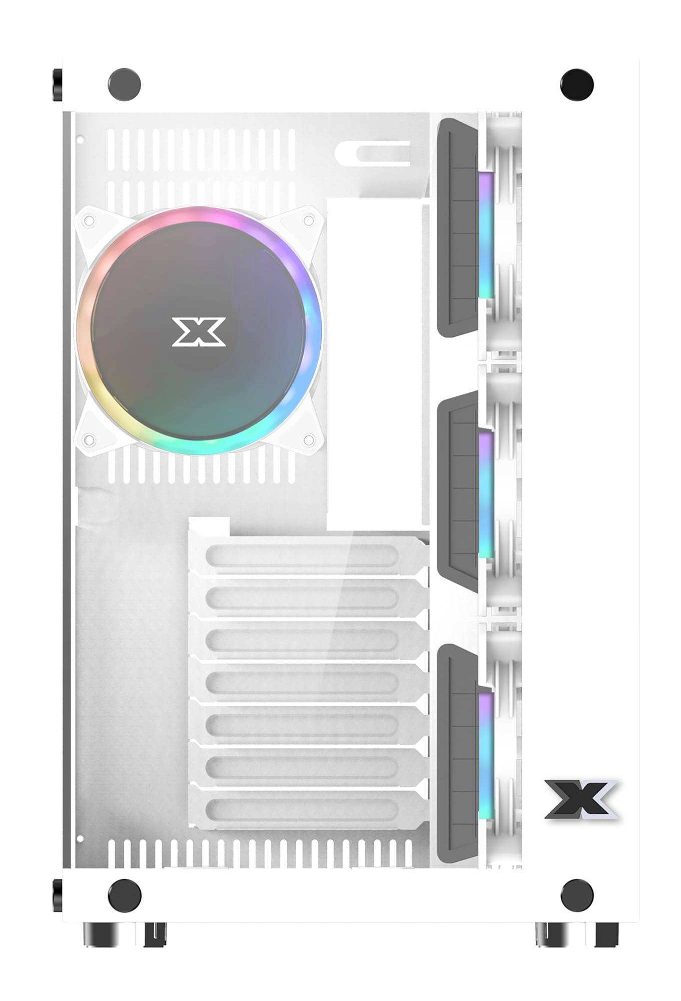 Białe obudowa komputera z przezroczystym panelem bocznym, wentylatorami z podświetleniem RGB i stylizowanym logo w kształcie 'X'.