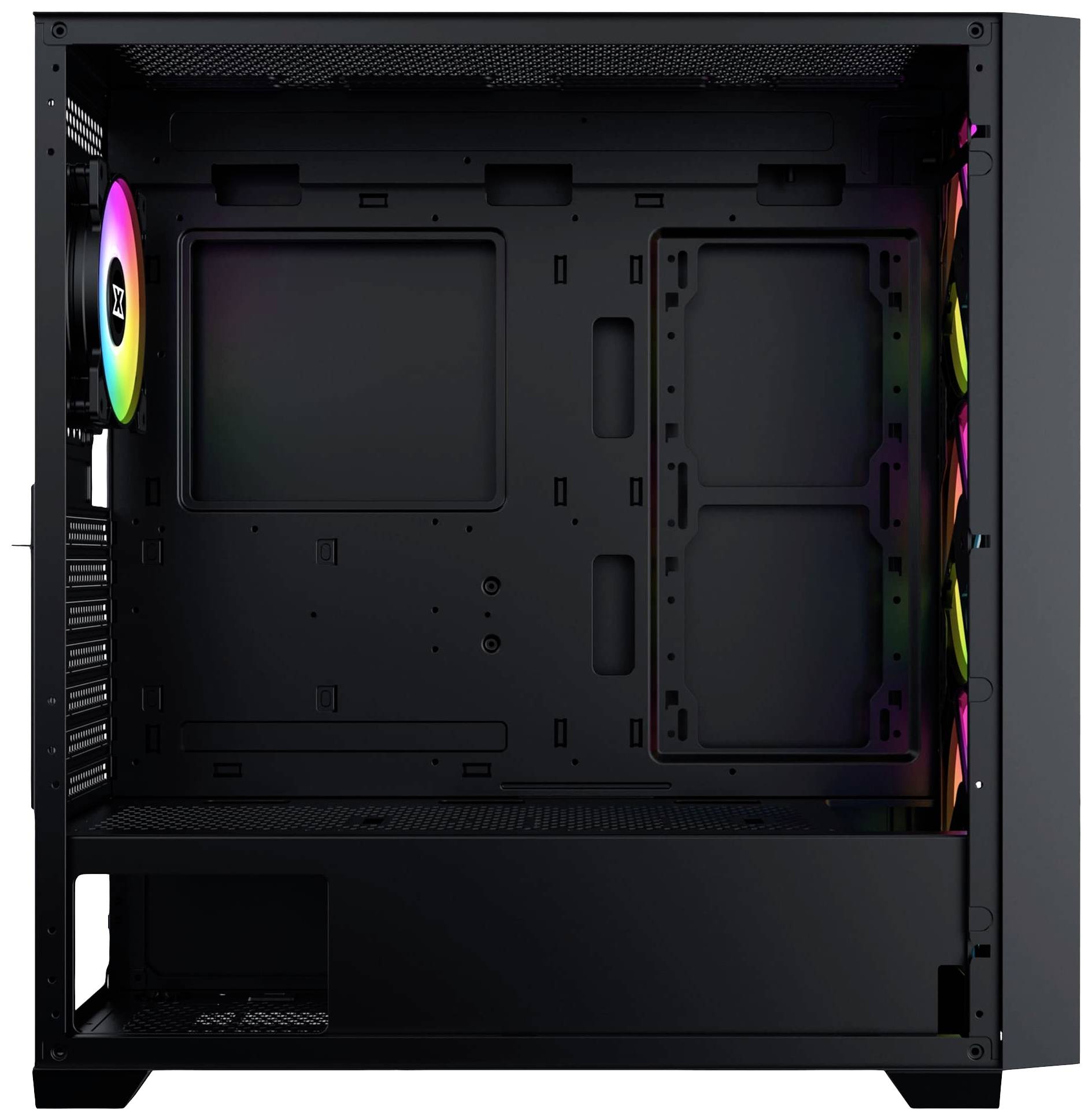 Otwarta obudowa komputera PC z wieloma wentylatorami wyposażonymi w podświetlenie RGB. Prezentuje dużo przestrzeni do montażu podzespołów.