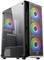Obudowa komputera z czterema wentylatorami RGB, trzema z przodu i jednym z tyłu, prezentuje szklane okno i nowoczesny design.
