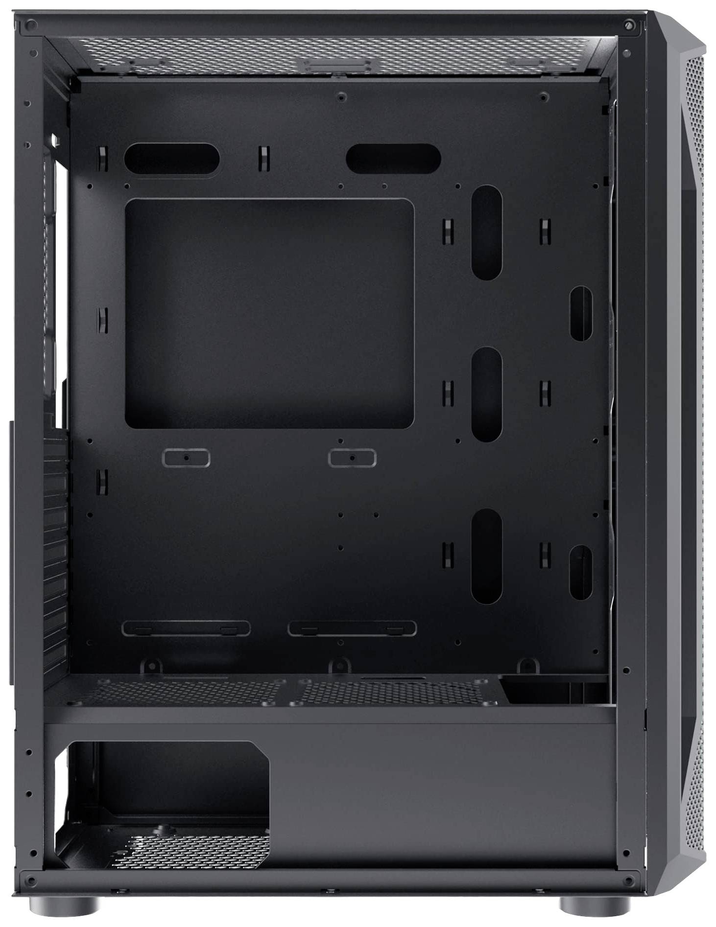 Pusty komputer stacjonarny z czarnym wnętrzem, wyposażony w liczne szczeliny i otwory przeznaczone do instalacji komponentów sprzętowych.