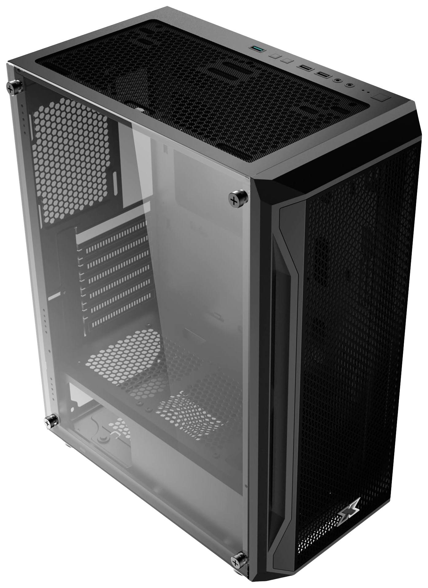 Czarna obudowa komputerowa z przezroczystym oknem bocznym i otworami wentylacyjnymi na górze, idealna do zestawów gamingowych.