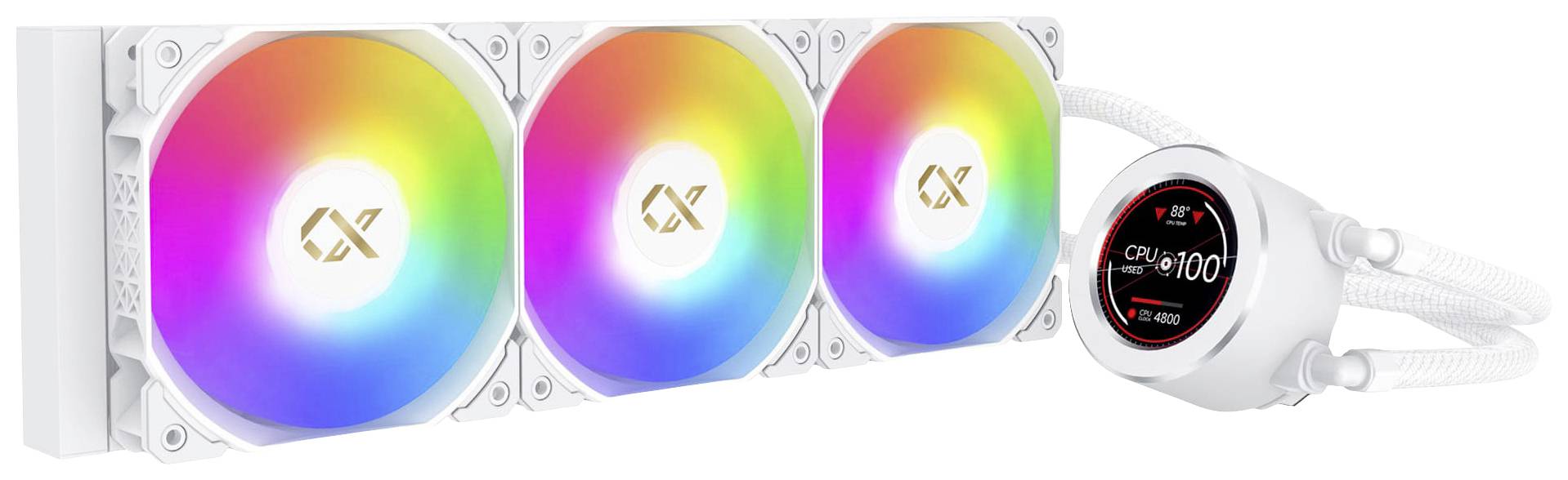 Komputerowy system chłodzenia z trzema podświetlanymi wentylatorami w kolorach tęczy oraz białą jednostką chłodzącą.