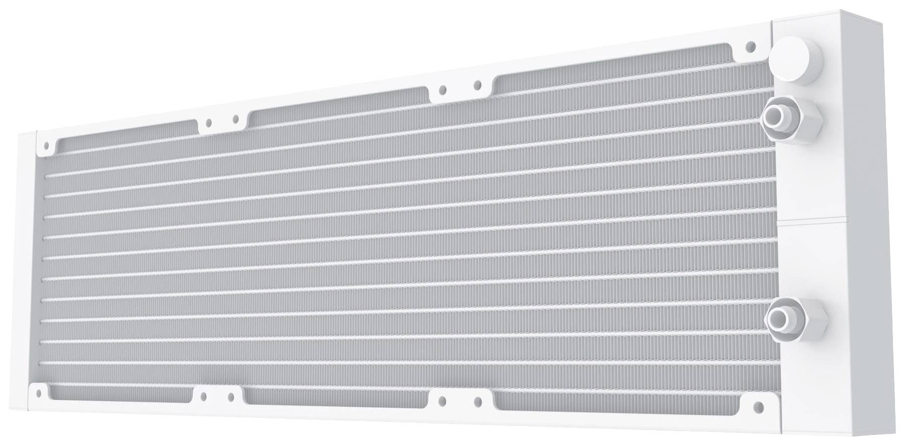 Poziomy, prostokątny grzejnik w kolorze białym z kilkoma pionowymi żeberkami i podłączeniami po prawej stronie.