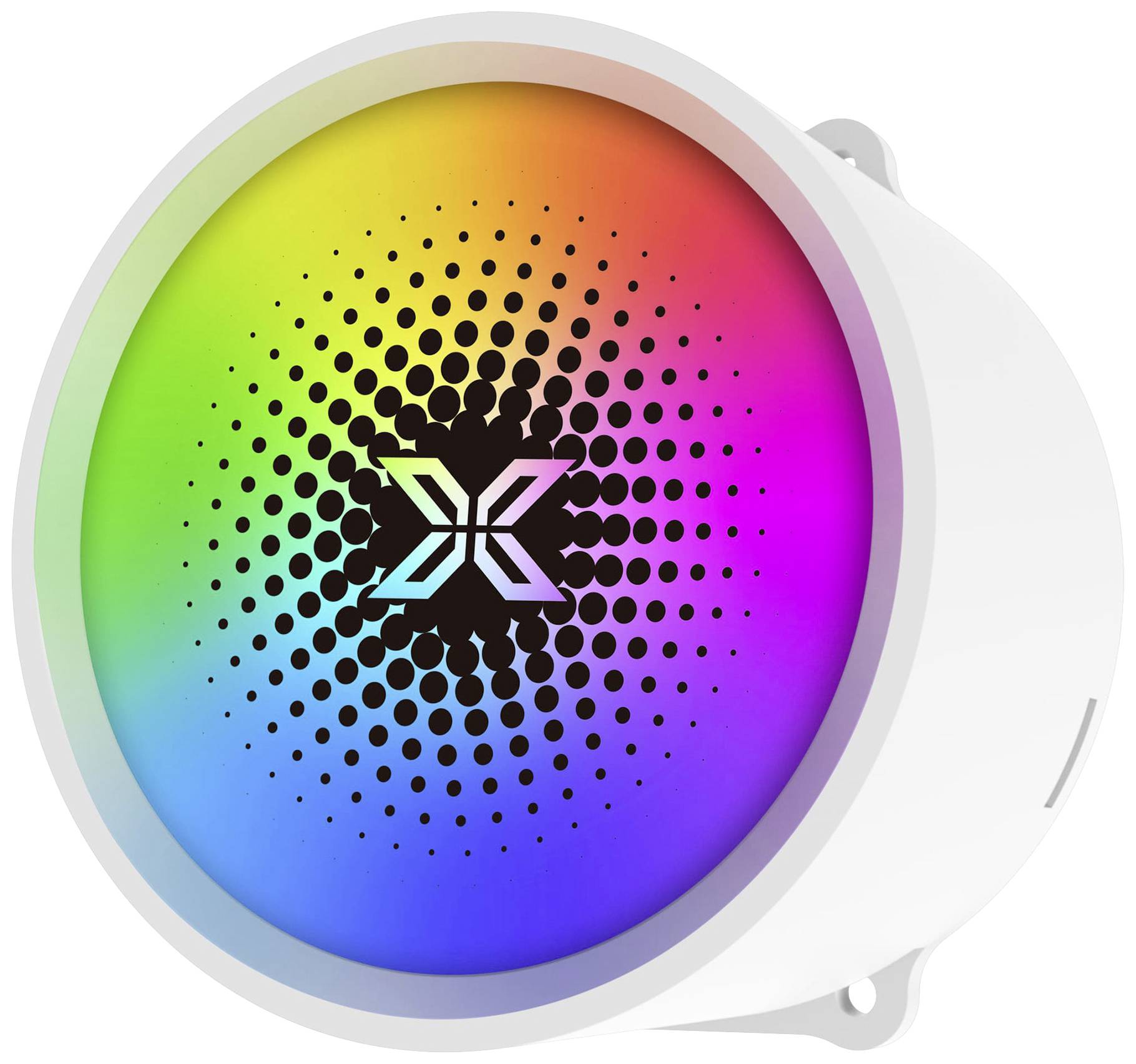 Okrągły głośnik w białej obudowie, prezentujący logo X na tęczowej powierzchni z wzorem kropkowym.