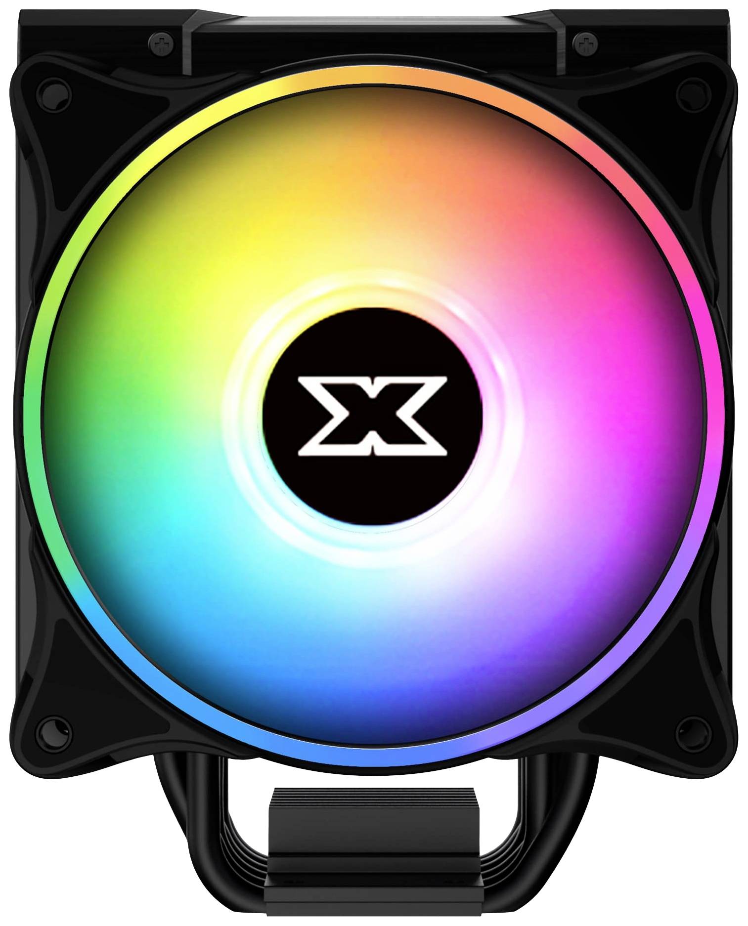 Wentylator komputerowy wyświetla świecące, wielokolorowe światło LED z centralnym symbolem.