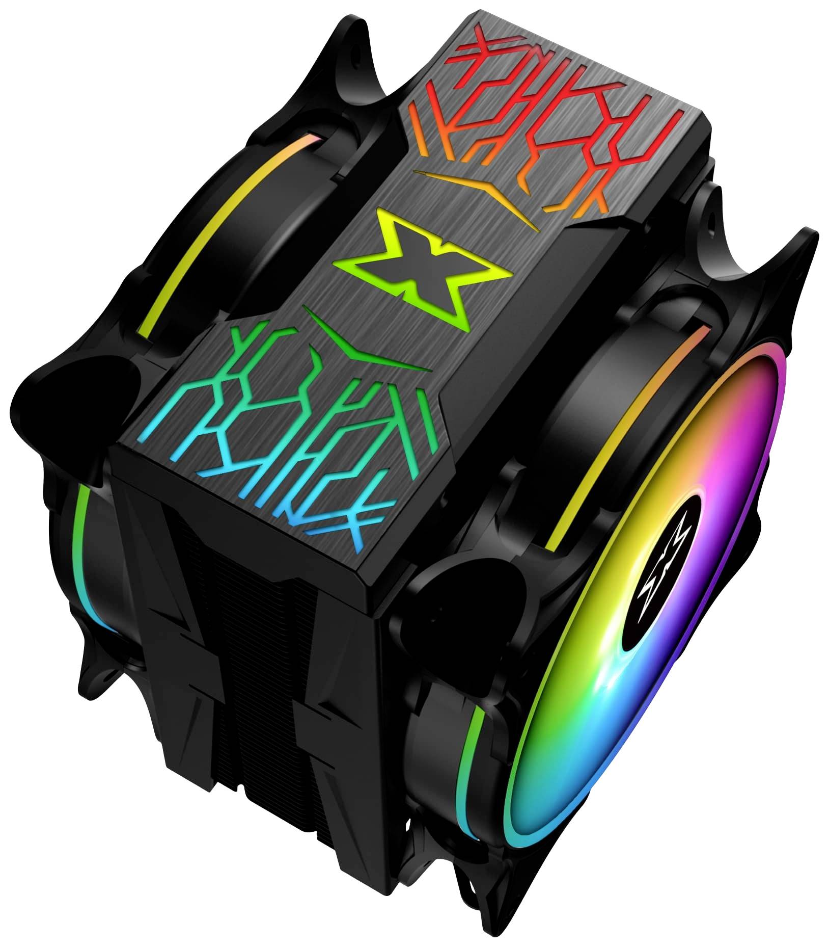 Chłodnica komputera z podświetleniem RGB. Dwa wentylatory i centralny radiator. Stylowy design z geometrycznymi wzorami.
