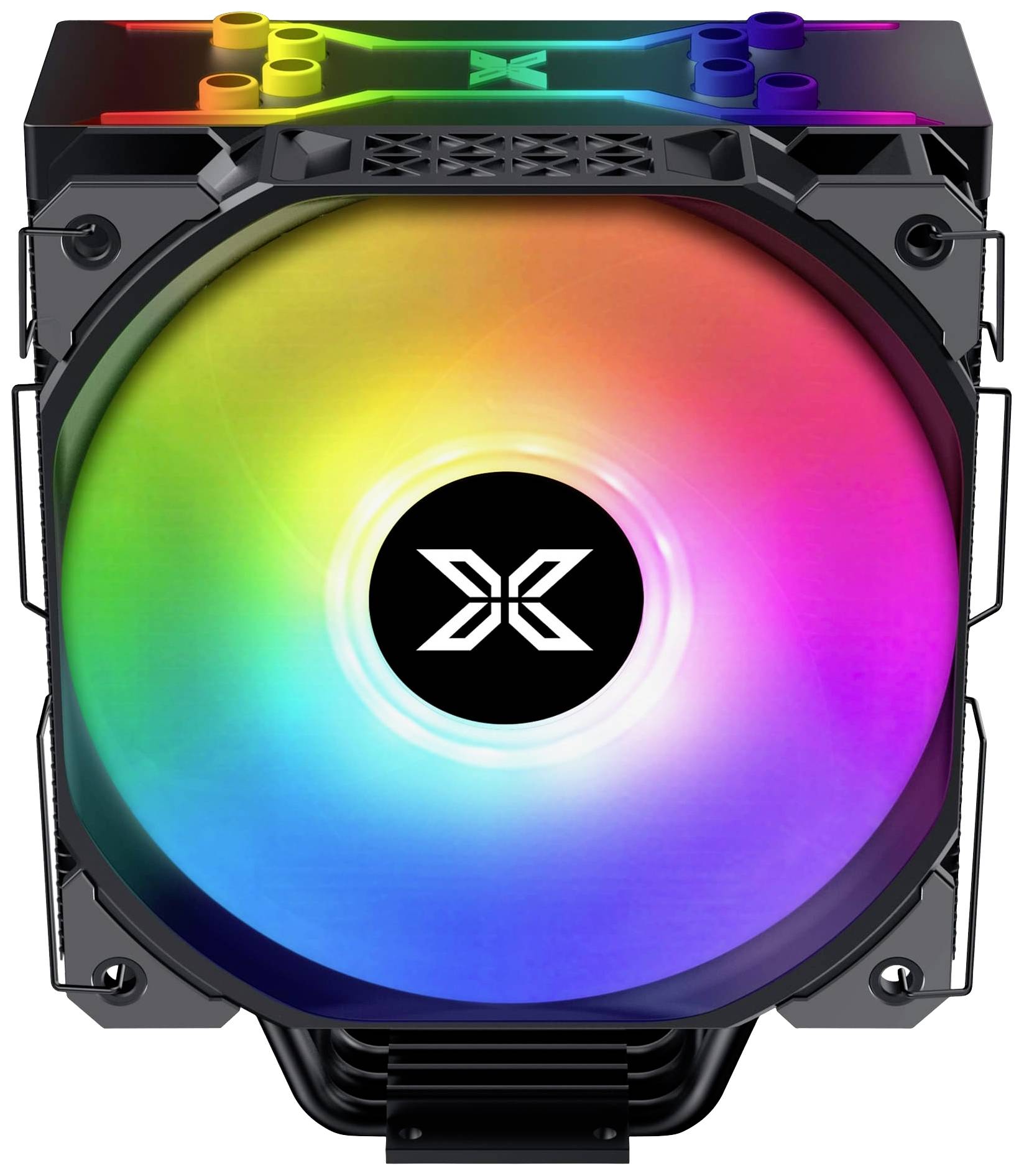 Kolorowy radiator procesora z podświetleniem RGB i dużym wentylatorem pośrodku. Projekt prezentuje świecący gradient kolorów.