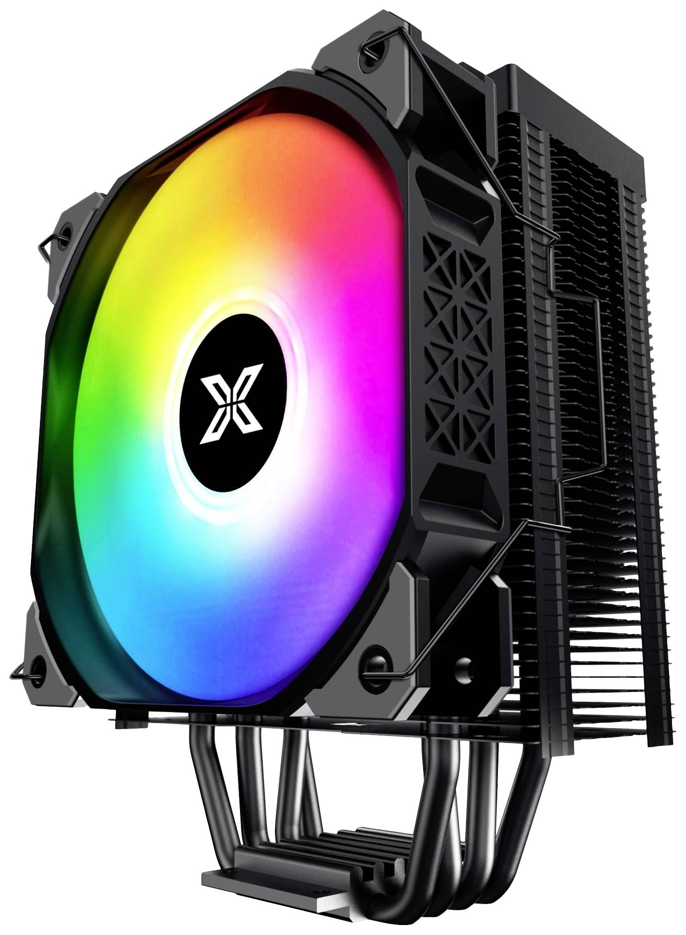 Chłodnica procesora z podświetlanym wentylatorem RGB. Czarne żeberka chłodzące i heat pipes. Zaprojektowana do obudów komputerowych z efektywnym chłodzeniem.