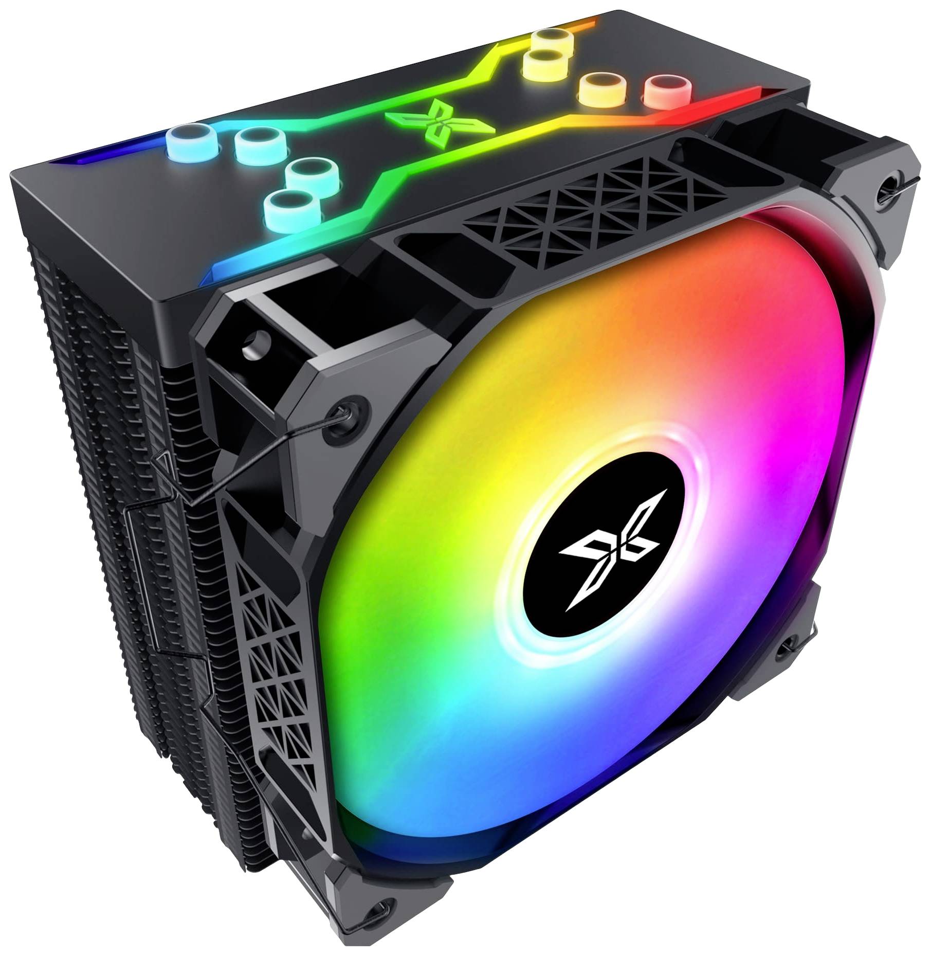 Wentylator komputerowy z podświetleniem RGB, prezentujący świecące spektrum kolorów. Czarna obudowa z widocznym symbolem marki.