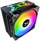 Wentylator komputerowy z podświetleniem RGB, prezentujący świecące spektrum kolorów. Czarna obudowa z widocznym symbolem marki.