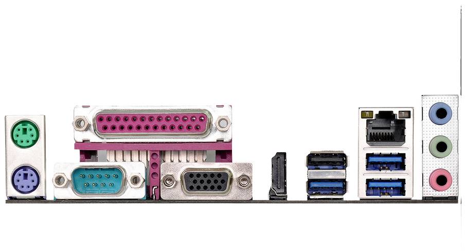 Tylna strona płyty głównej komputera z różnymi złączami: PS/2, port równoległy, złącza szeregowe, USB, Ethernet, porty audio.