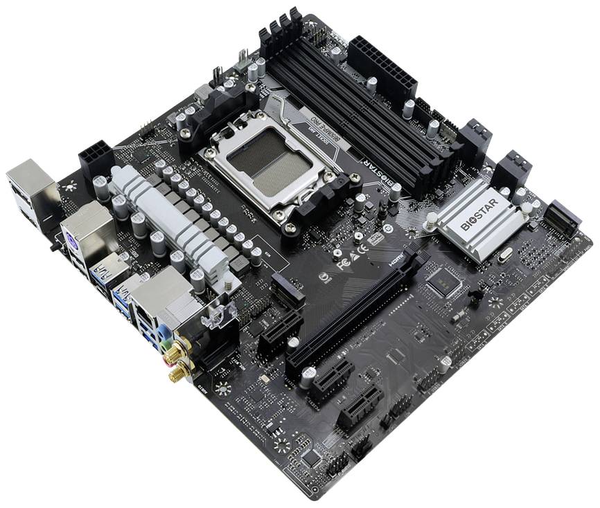 Płyta główna z wieloma slotami na pamięć RAM i procesor. Posiada różne złącza i porty umożliwiające rozbudowę funkcjonalności.