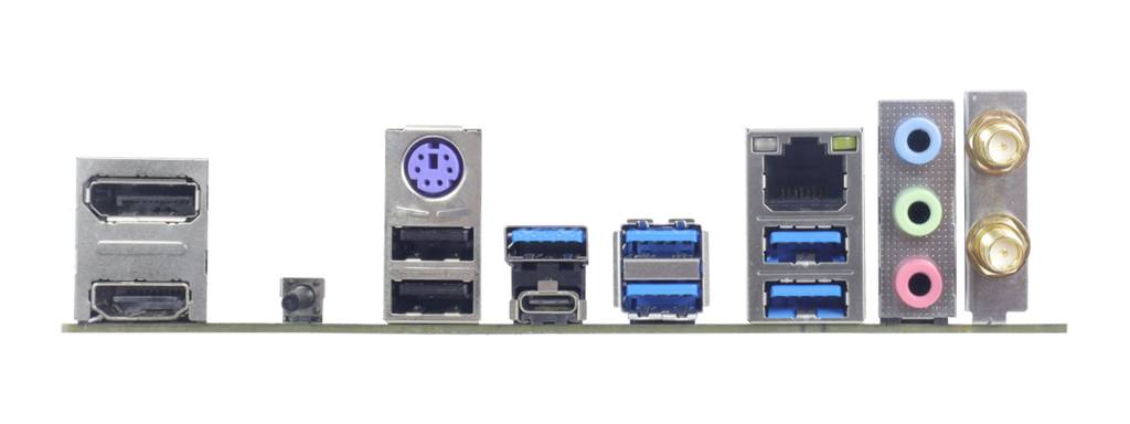 Tylna strona płyty głównej komputera z portami USB, gniazdami audio, HDMI, Ethernetem oraz złączem PS/2 dla urządzeń peryferyjnych.