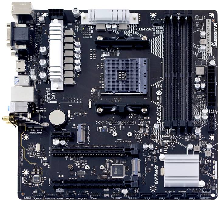 Obraz przedstawia płytę główną komputera z wieloma slotami i złączami, w tym slotami PCIe, gniazdami RAM oraz różnymi portami.