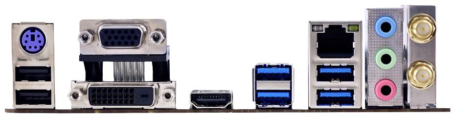 Widok z tyłu głównej płyty głównej komputera z różnymi złączami: PS/2, USB, VGA, DVI, HDMI, LAN oraz złączami audio.