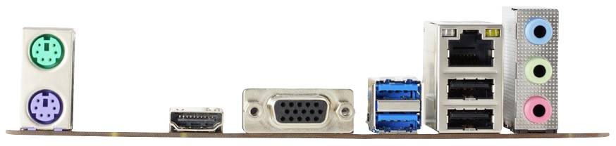 'Złącza na tylnej stronie komputera: PS/2, HDMI, VGA, USB, Ethernet, wejście i wyjście audio. Różne kolory oznaczają gniazda audio.'