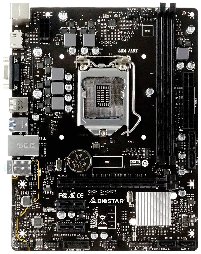 Czarna płyta główna z gniazdem procesora, slotami RAM oraz licznymi złączami. Jest to model firmy Biostar, kompatybilny z procesorami LGA 1151.