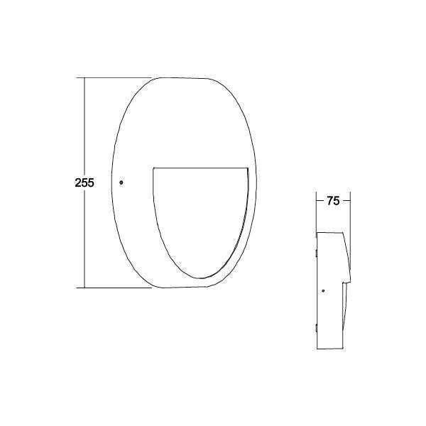 Rysunek techniczny obiektu owalnego o wymiarach: wysokość 255 mm, głębokość 75 mm. Przedstawiony w widoku bocznym i czołowym.