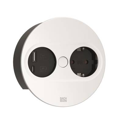 Okrągłe gniazdko z dwoma portami USB i jednym gniazdem Schuko; idealne do nowoczesnych pokoi mieszkalnych lub biurowych.