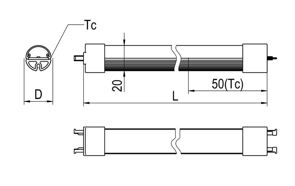 Diagram liniowej lampy ze specyfikacjami: całkowita długość 'L', średnica 'D', odległość '20', krytyczny punkt temperatury 'Tc' przy '50(Tc)'.
