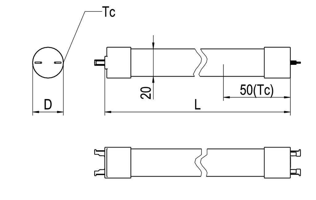 Rysunek lampy cylindrycznej z wymiarami technicznymi: całkowita szerokość 'L', długość '50(Tc)', średnica 'D', sekcja '20'.