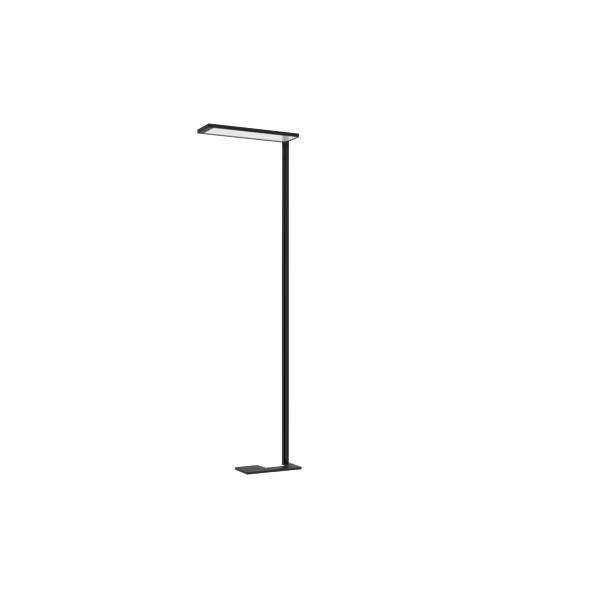 Stojąca czarna lampa LED o smukłej sylwetce z prostokątnym abażurem. Idealna do nowoczesnego salonu.