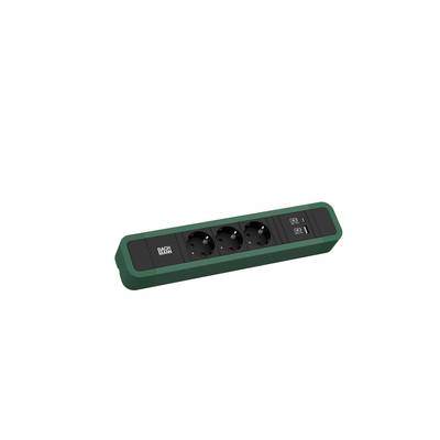 Listwa zasilająca w kolorze zielonym z trzema gniazdami elektrycznymi i dwoma portami USB, idealna do rozdzielania prądu w pomieszczeniu.