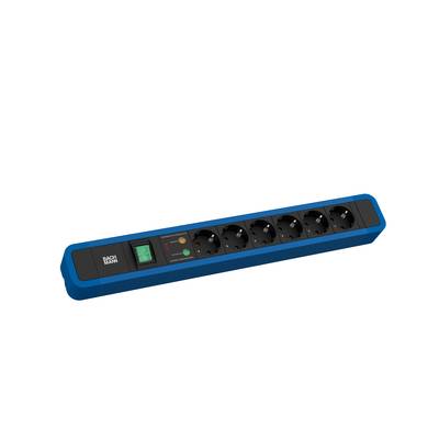 Niebieska listwa zasilająca 6-gniazdowa z ochroną przeciwprzepięciową. Wyposażona w wyłącznik oraz diodę kontrolną.