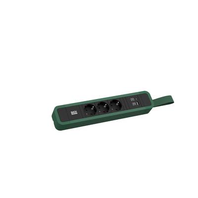 Zielona, nowoczesna listwa zasilająca z trzema gniazdami elektrycznymi i dwoma portami USB. Posiada zintegrowany przełącznik oraz pętlę do zawieszenia.