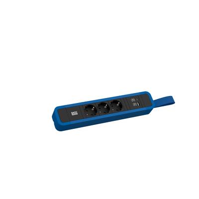 Niebieska listwa zasilająca z dwoma gniazdami elektrycznymi i dwoma portami USB, przeznaczona do zasilania wielu urządzeń.