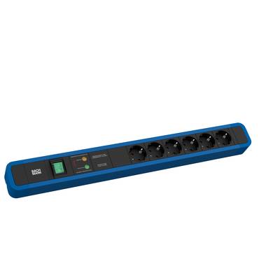 Niebieska listwa zasilająca z ośmioma gniazdami elektrycznymi i włącznikiem/wyłącznikiem na białym tle.
