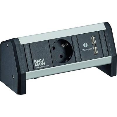 Listwa zasilająca z jednym gniazdem europejskim i dwoma portami USB, umożliwiająca jednoczesne podłączenie urządzeń.