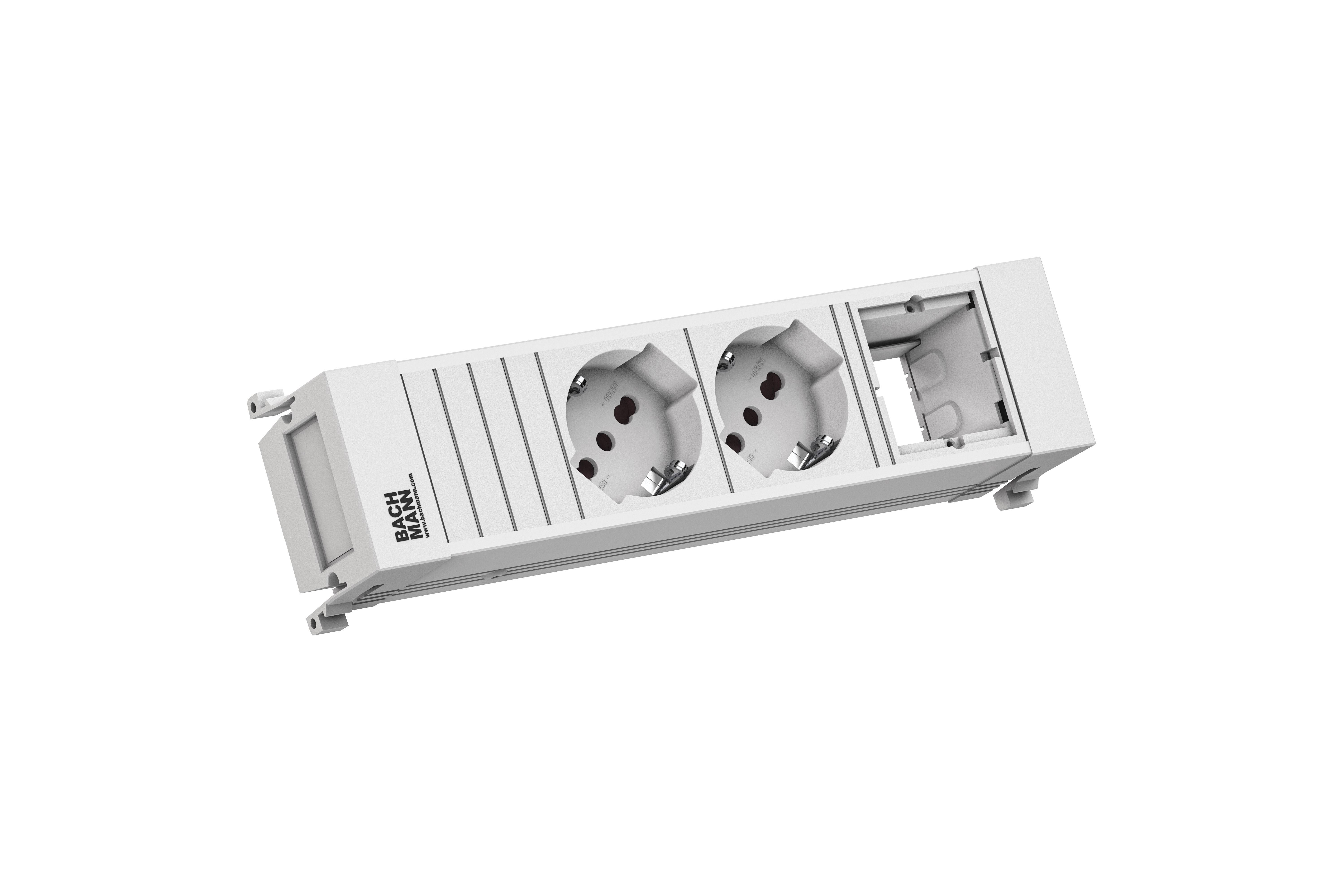 Modułowe gniazdo elektryczne z dwoma gniazdami i otwartą przestrzenią. Idealne do elastycznych rozwiązań zasilania.