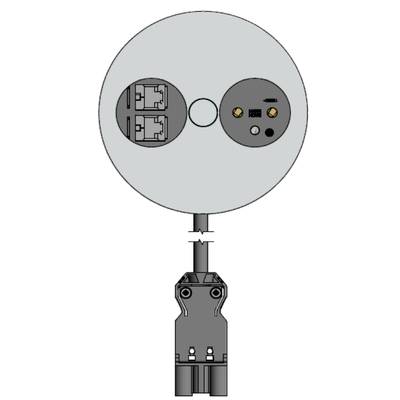 Wtyczka elektryczna z okrągłą obudową, dwa porty RJ45 po lewej stronie, okrągłe złącze i dwa stykowe kontakty pinowe po prawej stronie. Kabel podłączony od dołu.