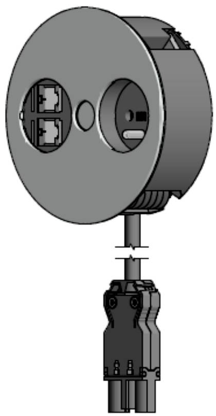 Okrągłe gniazdo przyłączeniowe z dwoma gniazdami Ethernet, połączone kablem sieciowym. Używane do połączeń sieciowych.