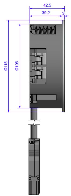 Rysunek techniczny prostokątnego elementu, widok z boku. Wymiary: 42,5 mm wysokości, 39,2 mm szerokości. Przedstawia struktury wewnętrzne.