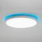 Okrągła lampa sufitowa z niebieską obwódką świeci z sufitu.